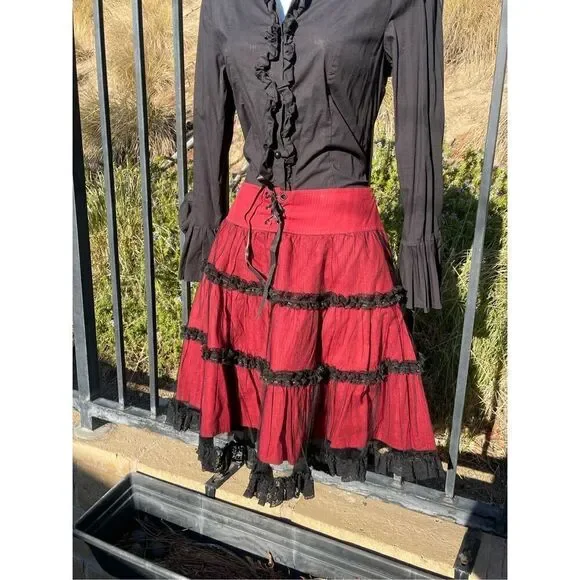Lip Service Skirt Y2K Cottagecore Black and Red Lace and Tulle Layered - Picture 5 of 7